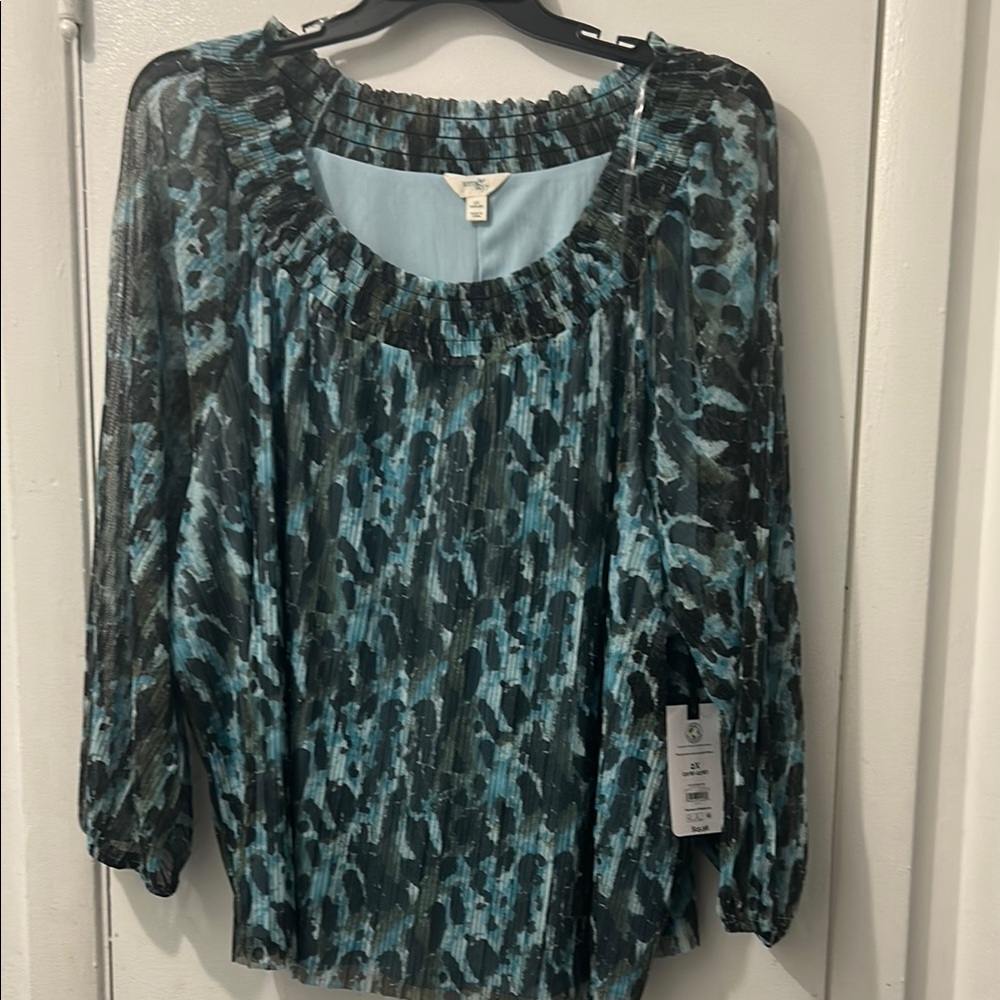 Terra & Sky Relaxed Blue Black 3/4 Sleeve Blouse